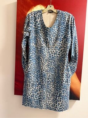 Faux Suede Blue Leopard-Print V-Neck Tunic dress with pockets